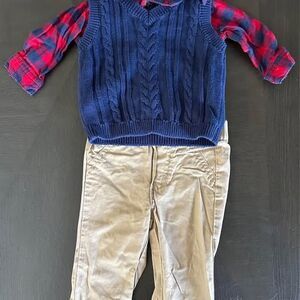 Cat & Jack Baby Boy 3-6M – Red Plaid Shirt, Navy Sweater Vest & Khaki Pants